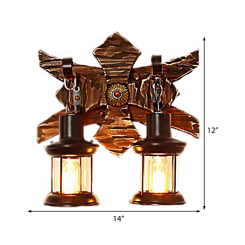 Lisslune | Black Candle/Lantern Wall Lighting Vintage Style Clear Glass/Marble 2-Light Indoor Wall Sconce with Wooden Back Plate
