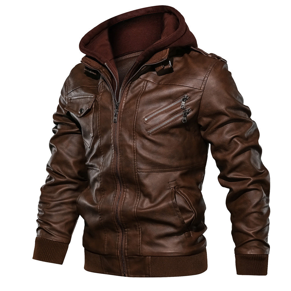 Men's Versatile Leather Jacket with Detachable Hood Lisslune