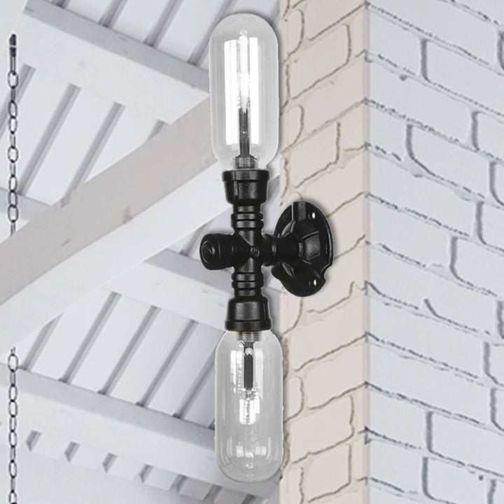 Lisslune | Clear Glass Black Wall Lamp Capsule Shade 2/4 Light Industrial Wall Mounted Pipe Lighting