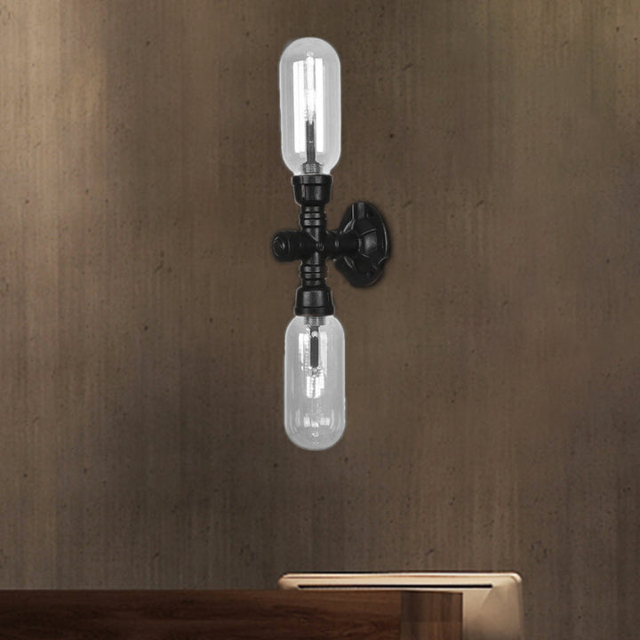 Lisslune | Clear Glass Black Wall Lamp Capsule Shade 2/4 Light Industrial Wall Mounted Pipe Lighting