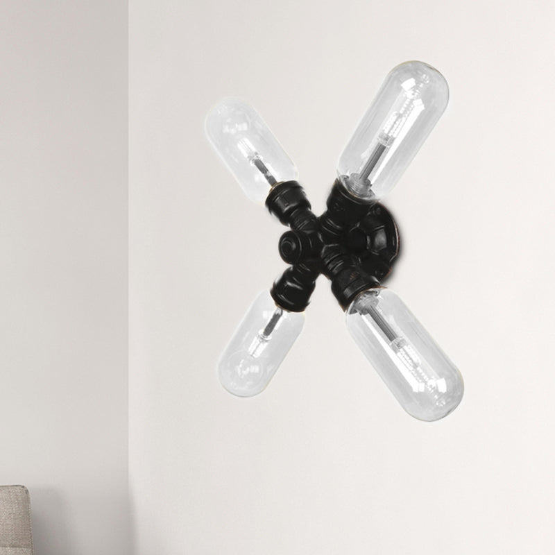 Lisslune | Clear Glass Black Wall Lamp Capsule Shade 2/4 Light Industrial Wall Mounted Pipe Lighting