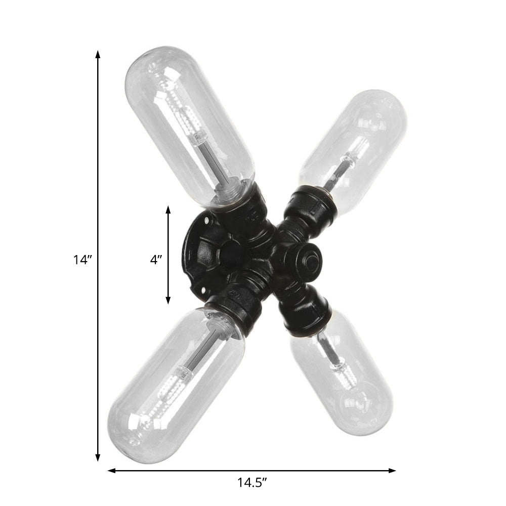 Lisslune | Clear Glass Black Wall Lamp Capsule Shade 2/4 Light Industrial Wall Mounted Pipe Lighting