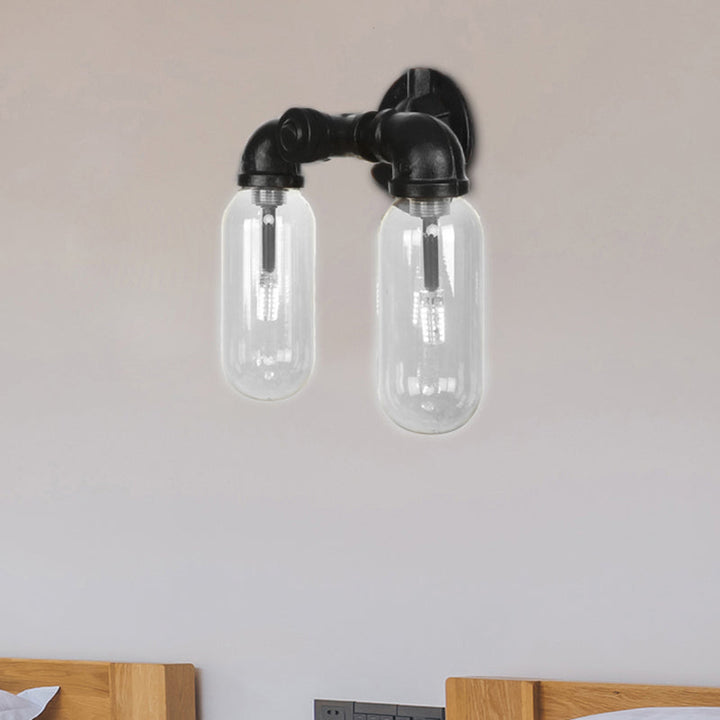 Lisslune | Metal Oval Shadow Wall Lamp Industrial 2 Lights Bedroom Wall Mounted Pipe Light in Black