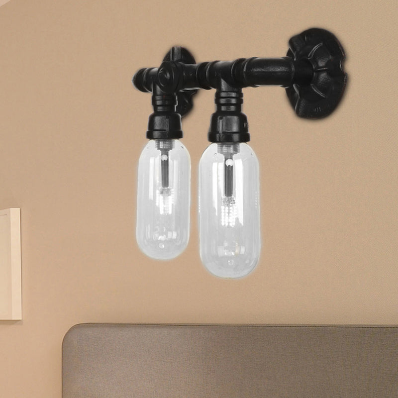 Lisslune | Metal Oval Shadow Wall Lamp Industrial 2 Lights Bedroom Wall Mounted Pipe Light in Black