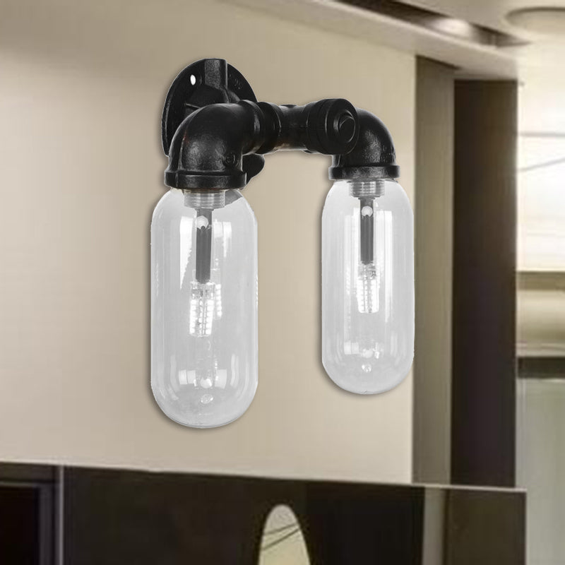 Lisslune | Metal Oval Shadow Wall Lamp Industrial 2 Lights Bedroom Wall Mounted Pipe Light in Black