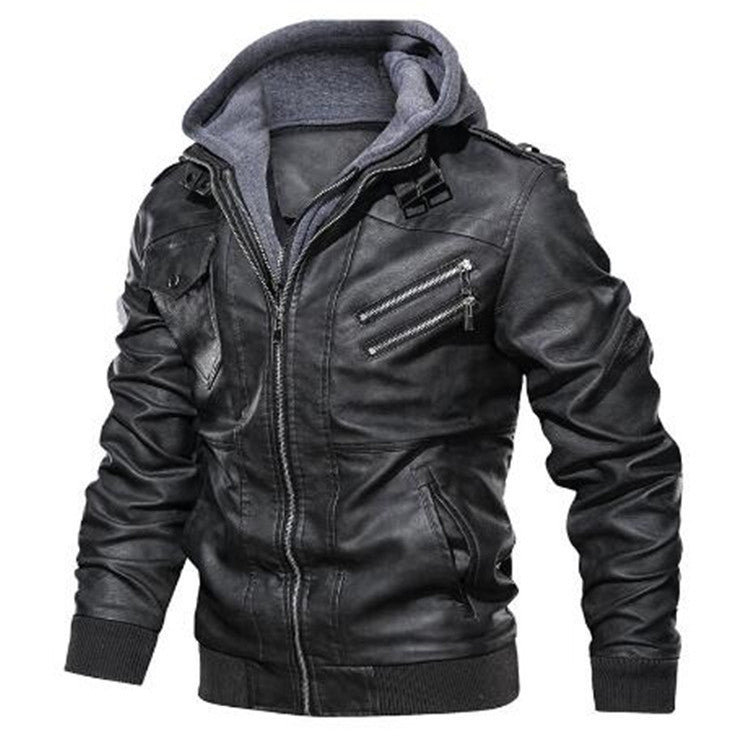 Men's Leather Jacket with Removable Hood and Multifunctional Pockets Lisslune