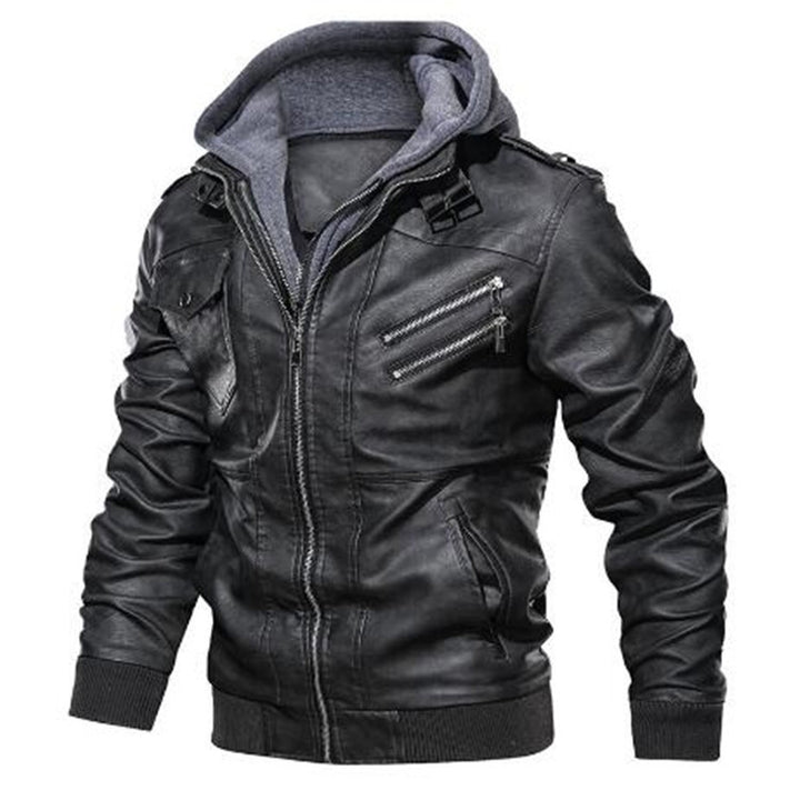 Men's Leather Jacket with Removable Hood and Multifunctional Pockets Lisslune