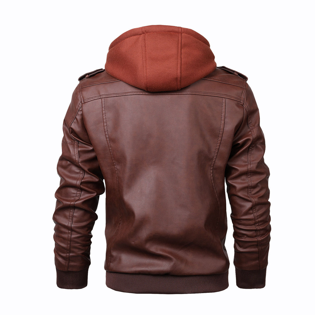 Men's Leather Jacket with Removable Hood and Multifunctional Pockets Lisslune