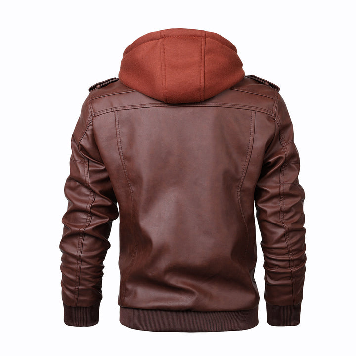 Men's Leather Jacket with Removable Hood and Multifunctional Pockets Lisslune