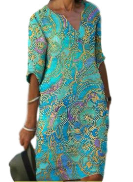 Women's casual light dress with elegant V-neck and colorful pattern