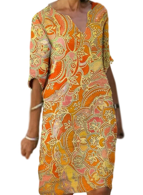 Women's casual light dress with elegant V-neck and colorful pattern