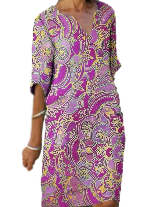 Women's casual light dress with elegant V-neck and colorful pattern