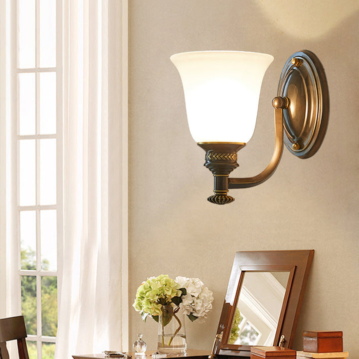 Skørter | Brass Bell Wall Light Classic White Frosted Glass Nightstand Wall Mount Fixture