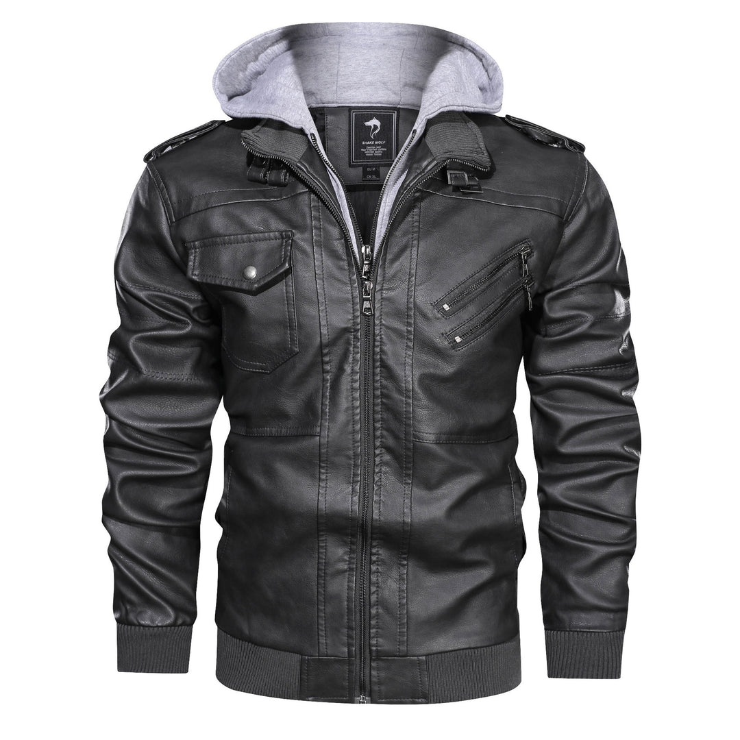 Men's Leather Jacket with Removable Hood and Multifunctional Pockets Lisslune