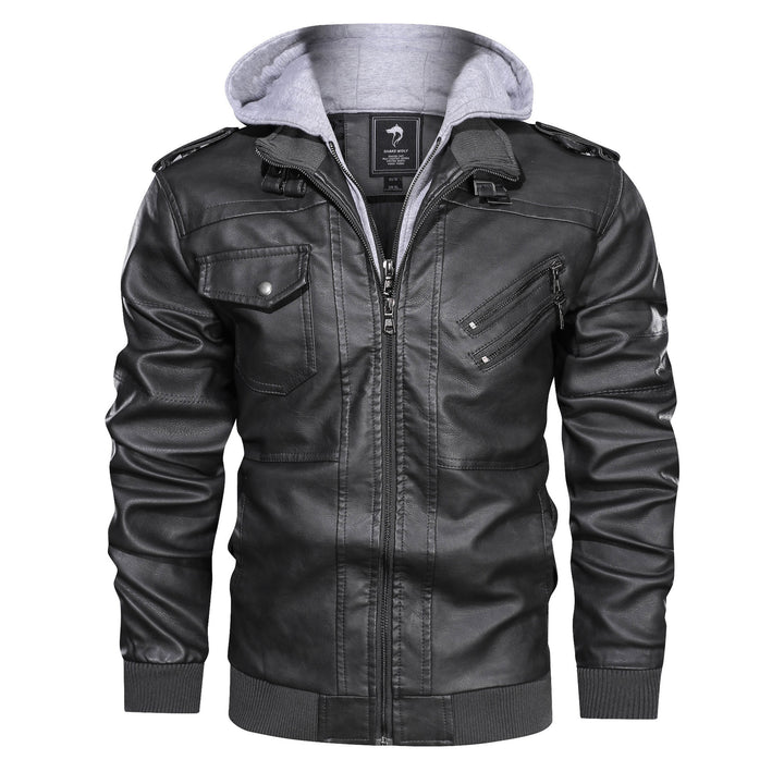 Men's Leather Jacket with Removable Hood and Multifunctional Pockets Lisslune