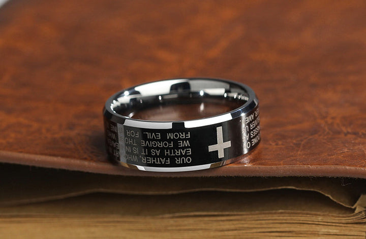 Lisslune | Personality Men's Black Tungsten Alloy Ring with Cross, No Fading, Scratch Resistant & Multiple Polishing