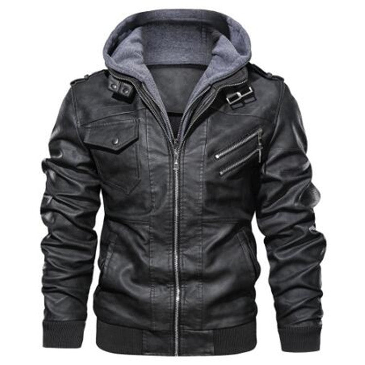 Men's Leather Jacket with Removable Hood and Multifunctional Pockets Lisslune