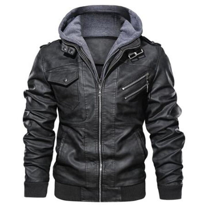 Men's Leather Jacket with Removable Hood and Multifunctional Pockets Lisslune
