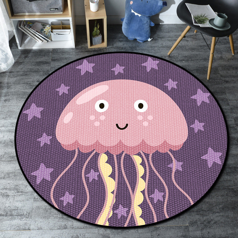Lisslune | Cartoon Kids' Room Rug Multicolored Sea Creatures Rug Synthetic Non-Slip Stain Resistant Washable Rug