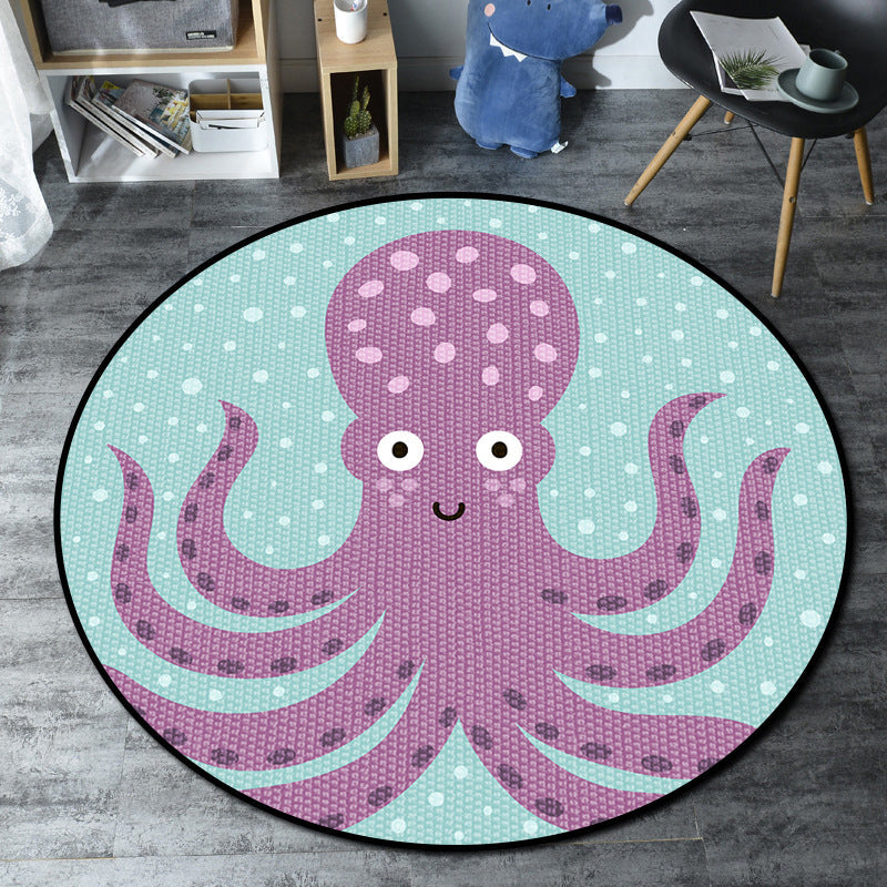 Lisslune | Cartoon Kids' Room Rug Multicolored Sea Creatures Rug Synthetic Non-Slip Stain Resistant Washable Rug