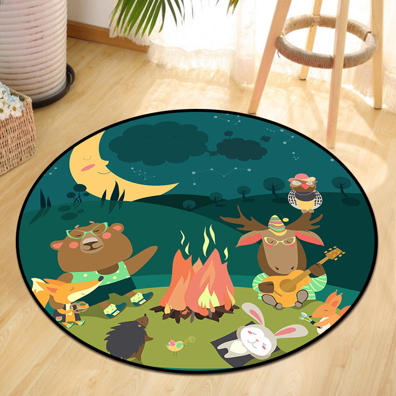Lisslune | Cute Animal Picnic Drawing Carpet Multi-Color Children's Art Carpet Synthetic Non-Slip Machine Washable Stain Resistant Carpet for Children's Room