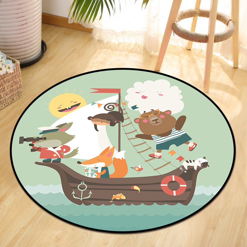 Lisslune | Cute Animal Picnic Drawing Carpet Multi-Color Children's Art Carpet Synthetic Non-Slip Machine Washable Stain Resistant Carpet for Children's Room