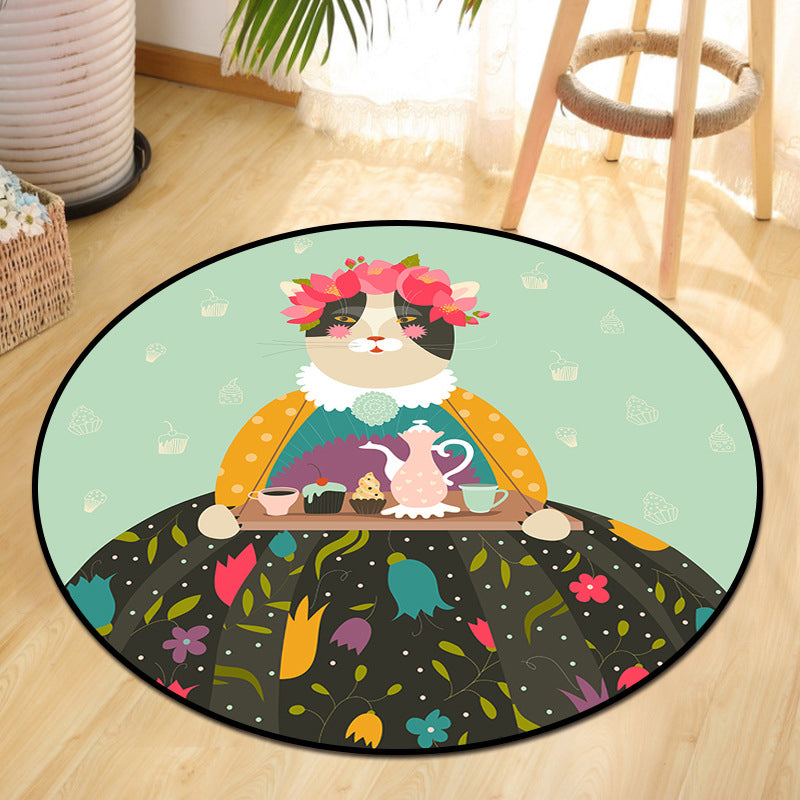 Lisslune | Cute Animal Picnic Drawing Carpet Multi-Color Children's Art Carpet Synthetic Non-Slip Machine Washable Stain Resistant Carpet for Children's Room