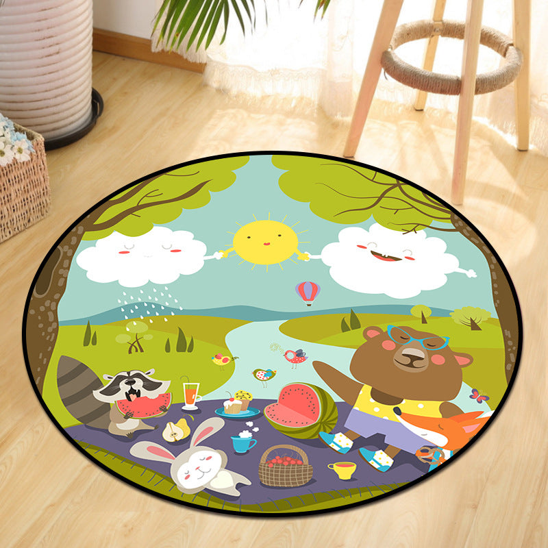 Lisslune | Cute Animal Picnic Drawing Carpet Multi-Color Children's Art Carpet Synthetic Non-Slip Machine Washable Stain Resistant Carpet for Children's Room