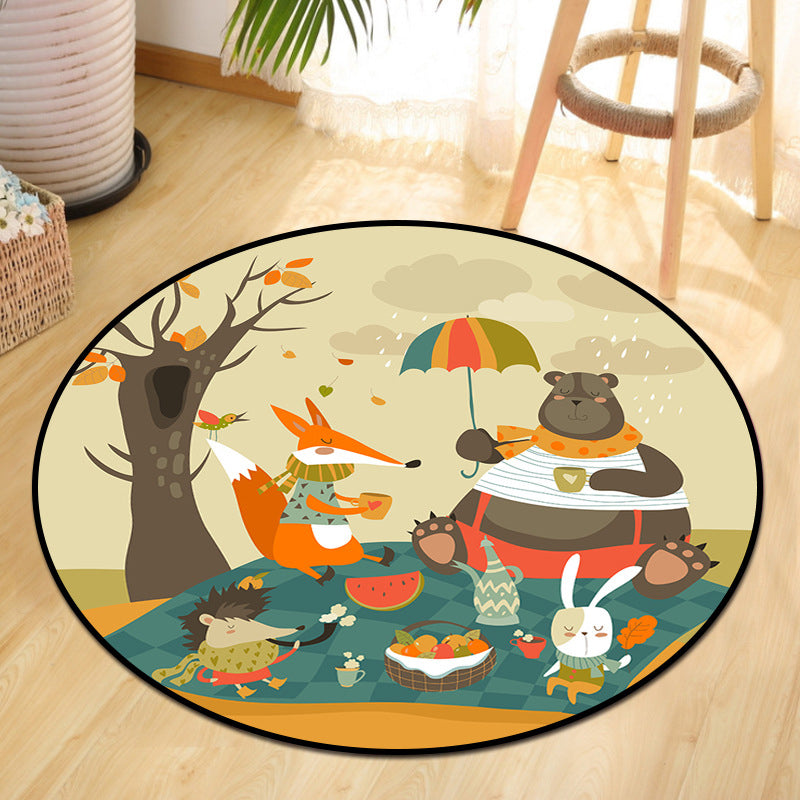 Lisslune | Cute Animal Picnic Drawing Carpet Multi-Color Children's Art Carpet Synthetic Non-Slip Machine Washable Stain Resistant Carpet for Children's Room