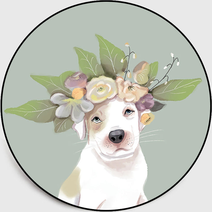 Lisslune | Pastel color children's room rug Nordic dog with wreath portrait rug polyester non-slip back washable pet-friendly rug