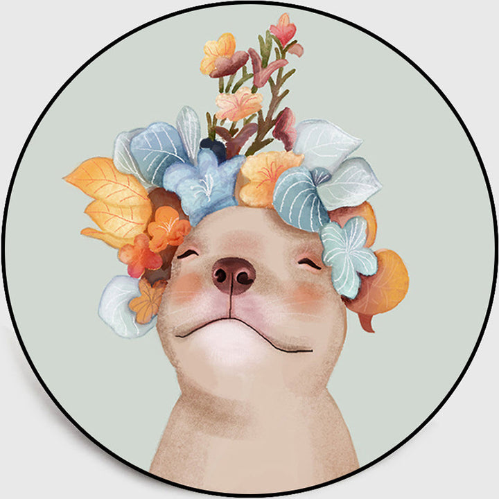 Lisslune | Pastel color children's room rug Nordic dog with wreath portrait rug polyester non-slip back washable pet-friendly rug