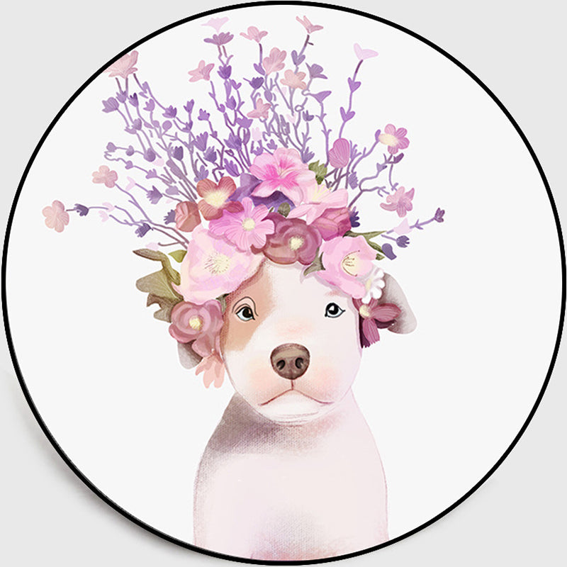Lisslune | Pastel color children's room rug Nordic dog with wreath portrait rug polyester non-slip back washable pet-friendly rug