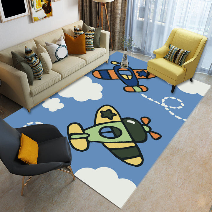 Lisslune | Cartoon Boys Bedroom Rug Multicolored Spaceship Pattern Rug Polyester Stain Resistant Non-Slip Back Pet Friendly Rug