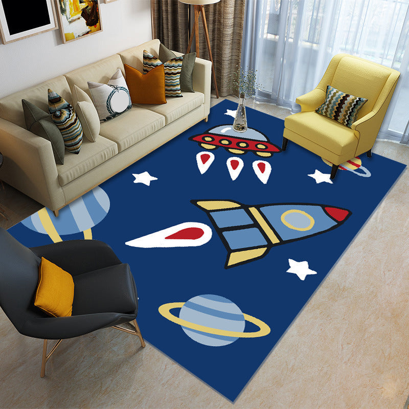 Lisslune | Cartoon Boys Bedroom Rug Multicolored Spaceship Pattern Rug Polyester Stain Resistant Non-Slip Back Pet Friendly Rug