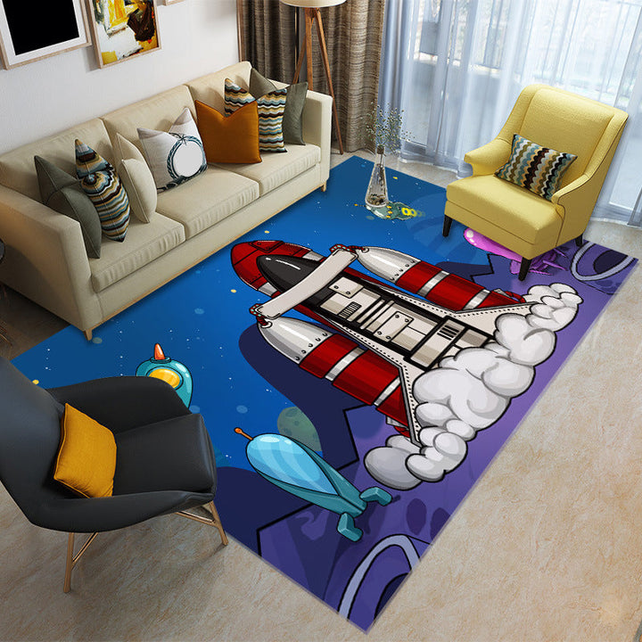 Lisslune | Cartoon Boys Bedroom Rug Multicolored Spaceship Pattern Rug Polyester Stain Resistant Non-Slip Back Pet Friendly Rug