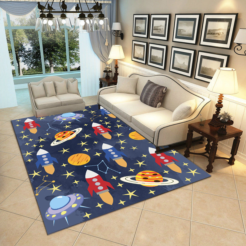 Lisslune | Cartoon Boys Bedroom Rug Multicolored Spaceship Pattern Rug Polyester Stain Resistant Non-Slip Back Pet Friendly Rug
