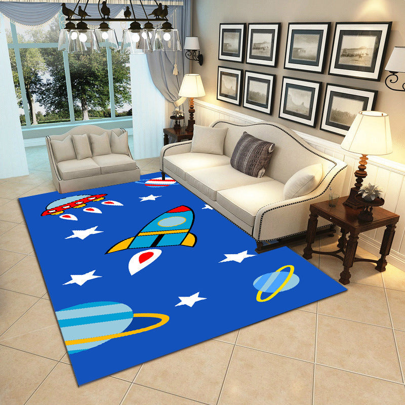 Lisslune | Cartoon Boys Bedroom Rug Multicolored Spaceship Pattern Rug Polyester Stain Resistant Non-Slip Back Pet Friendly Rug