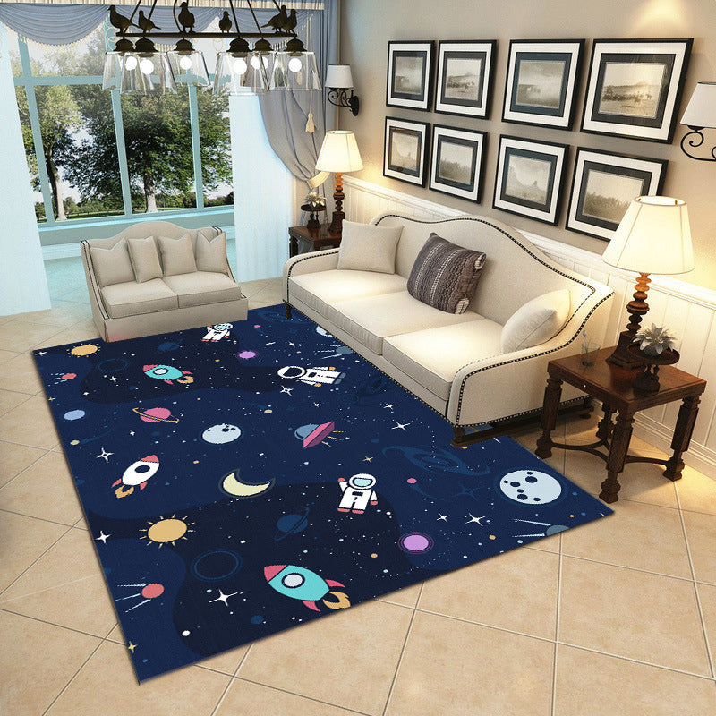 Lisslune | Cartoon Boys Bedroom Rug Multicolored Spaceship Pattern Rug Polyester Stain Resistant Non-Slip Back Pet Friendly Rug
