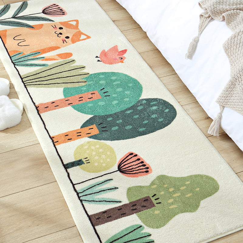 Lisslune | Green Children's Carpet Synthetic Cat in the Forest Pattern Carpet Pet Friendly Machine Washable Non-Slip Back Carpet for Bedroom