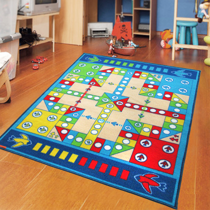 Lisslune | Playable Child Rug blue Airplane Chess Game Rug Non-Slip Backing Pet Friendly Stain Resistant Carpet for Preschool