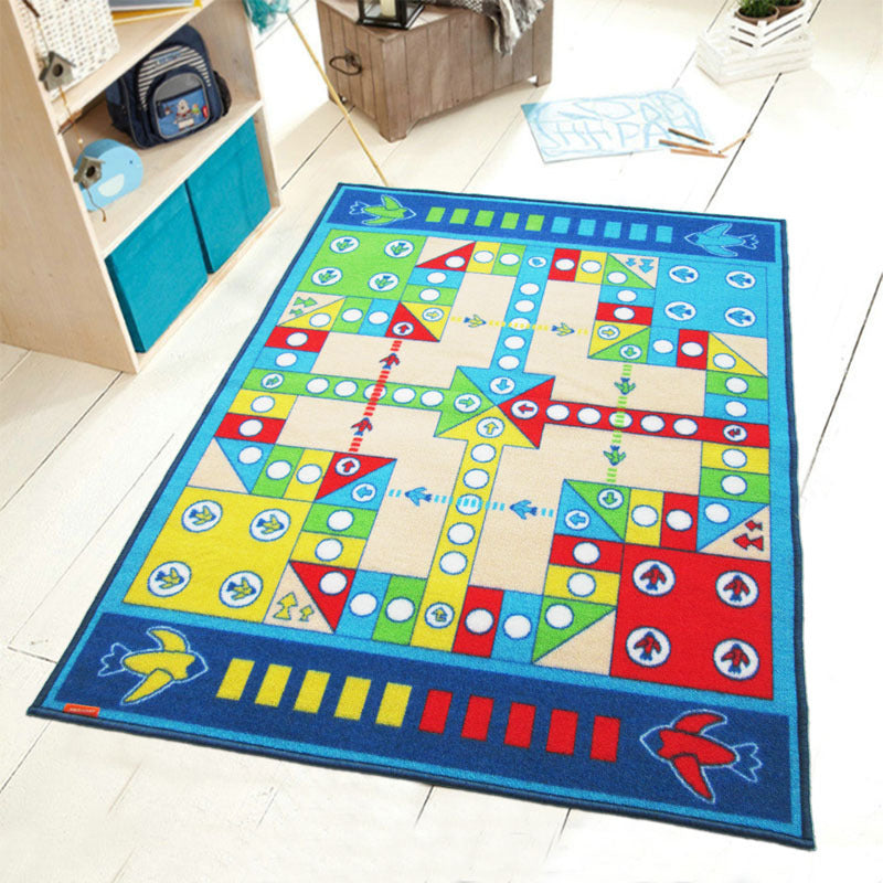 Lisslune | Playable Child Rug blue Airplane Chess Game Rug Non-Slip Backing Pet Friendly Stain Resistant Carpet for Preschool