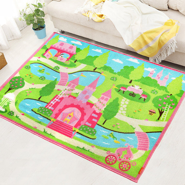 Lisslune | Shady Castle Landscape Print Carpet Pink Cartoon Area Rug Synthetic Stain Resistant Non-Slip Back Washable Rug for Children's Room
