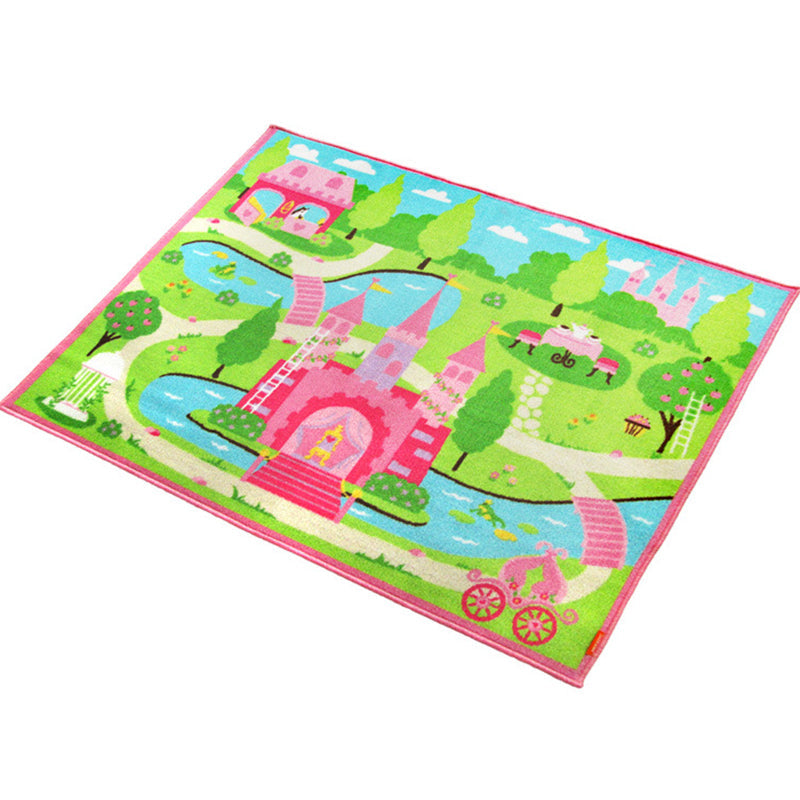 Lisslune | Shady Castle Landscape Print Carpet Pink Cartoon Area Rug Synthetic Stain Resistant Non-Slip Back Washable Rug for Children's Room