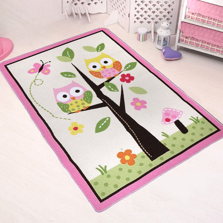 Lisslune | Pink Owl Drawing Print Carpet Polyester Cartoon Carpet Anti-Slip Bottom Machine Washable Pet Friendly Area Rug for Kids Room