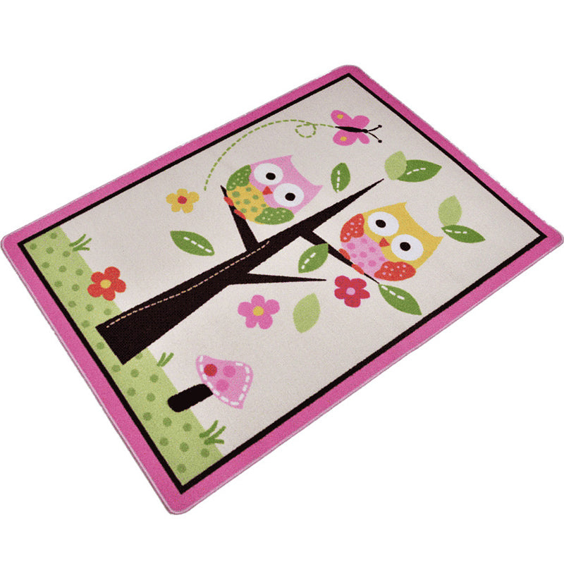 Lisslune | Pink Owl Drawing Print Carpet Polyester Cartoon Carpet Anti-Slip Bottom Machine Washable Pet Friendly Area Rug for Kids Room