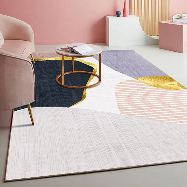 Lisslune | Multicolored geometric block rug Polyester Nordic rug machine washable stain resistant non-slip back rug for the living room