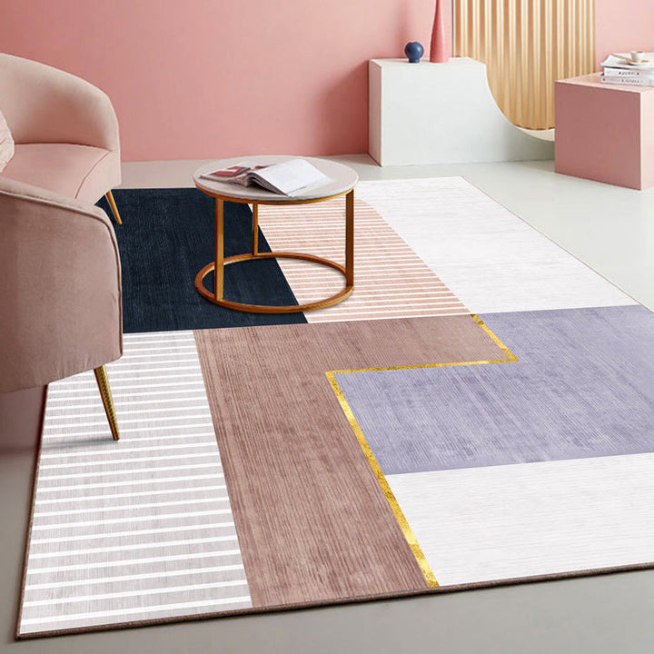 Lisslune | Multicolored geometric block rug Polyester Nordic rug machine washable stain resistant non-slip back rug for the living room