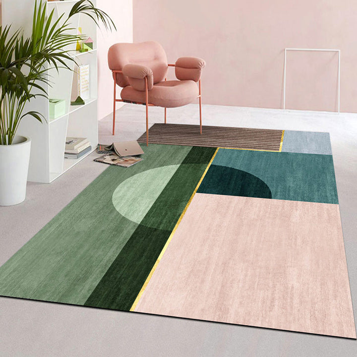 Lisslune | Multicolored geometric block rug Polyester Nordic rug machine washable stain resistant non-slip back rug for the living room