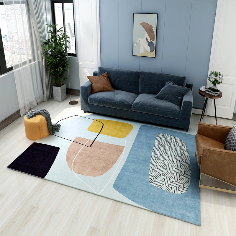Lisslune | Multi colored geometric block rug synthetic Scandinavian rug machine washable pet friendly non-slip rug for living room