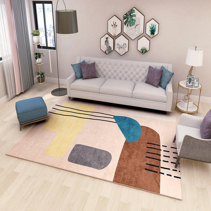 Lisslune | Multi colored geometric block rug synthetic Scandinavian rug machine washable pet friendly non-slip rug for living room